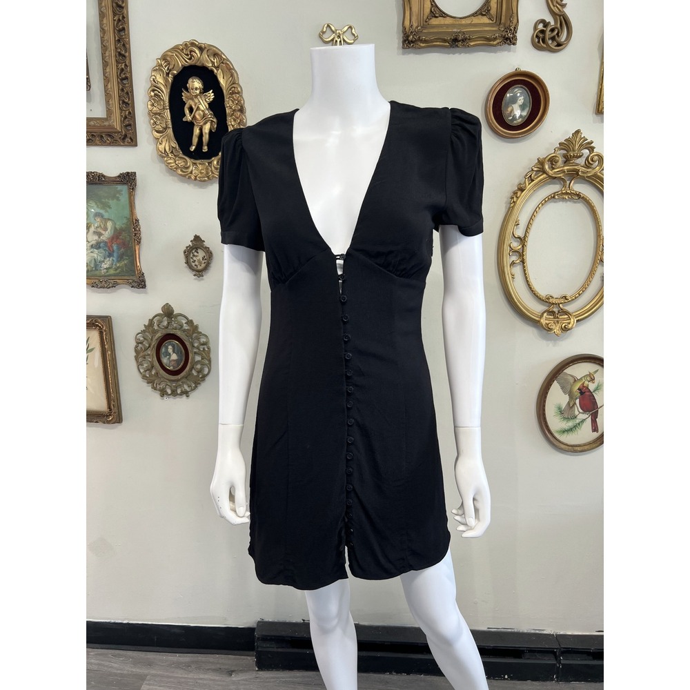 Sunday Best Black V-Neck Short Puff Sleeve Button Front Mini Dress Size 4